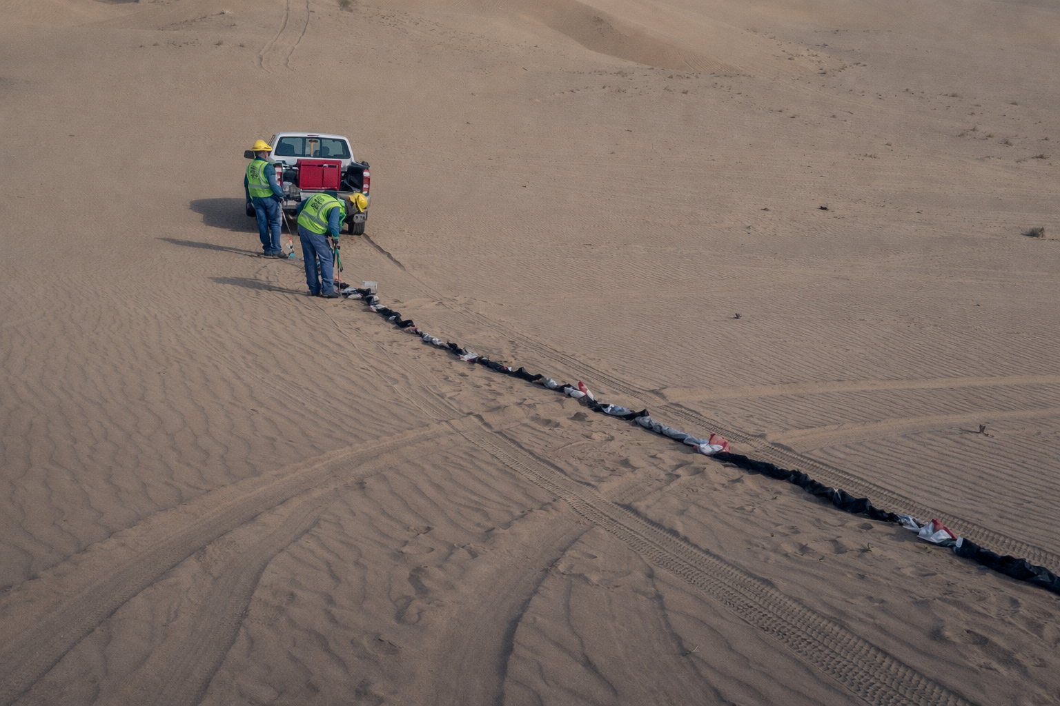 Geophysical field team with survey line across sand terrain