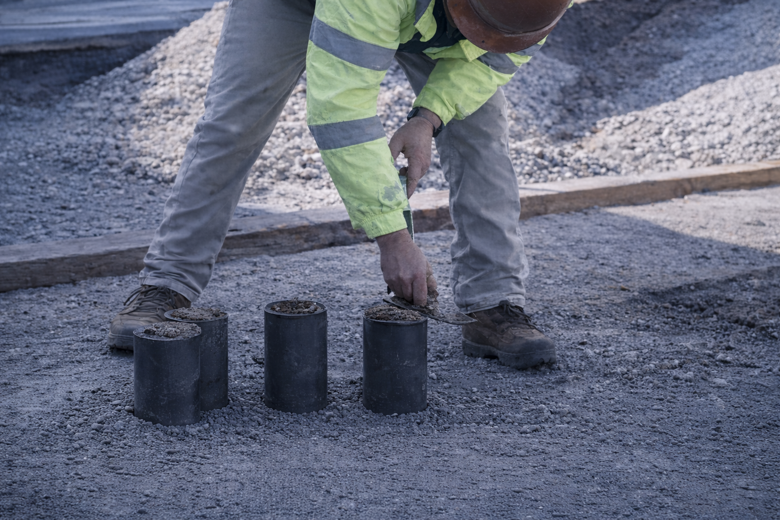Concrete sample cylinders being prepared by materials technician