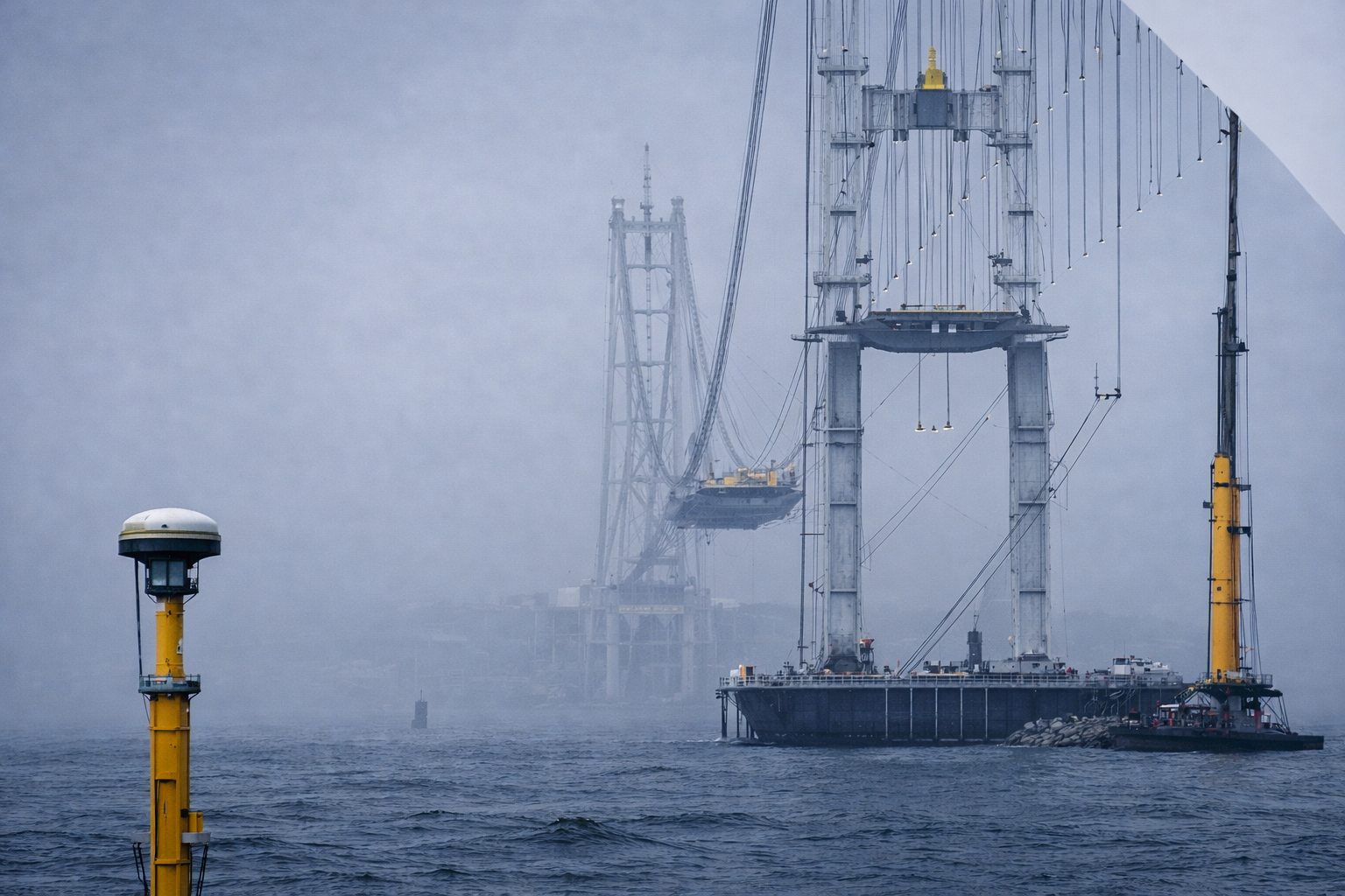 Bridge construction with yellow GNSS reference marker in coastal fog